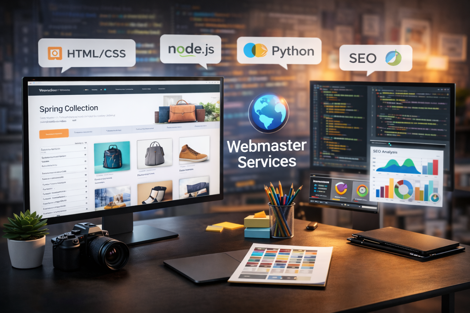 Digital services including e-commerce websites, custom web development, content creation, translation and SEO solutions.